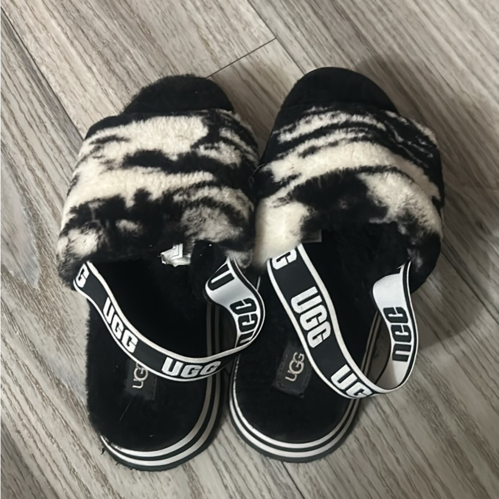 UGG Black and Cream Fluffy Slides